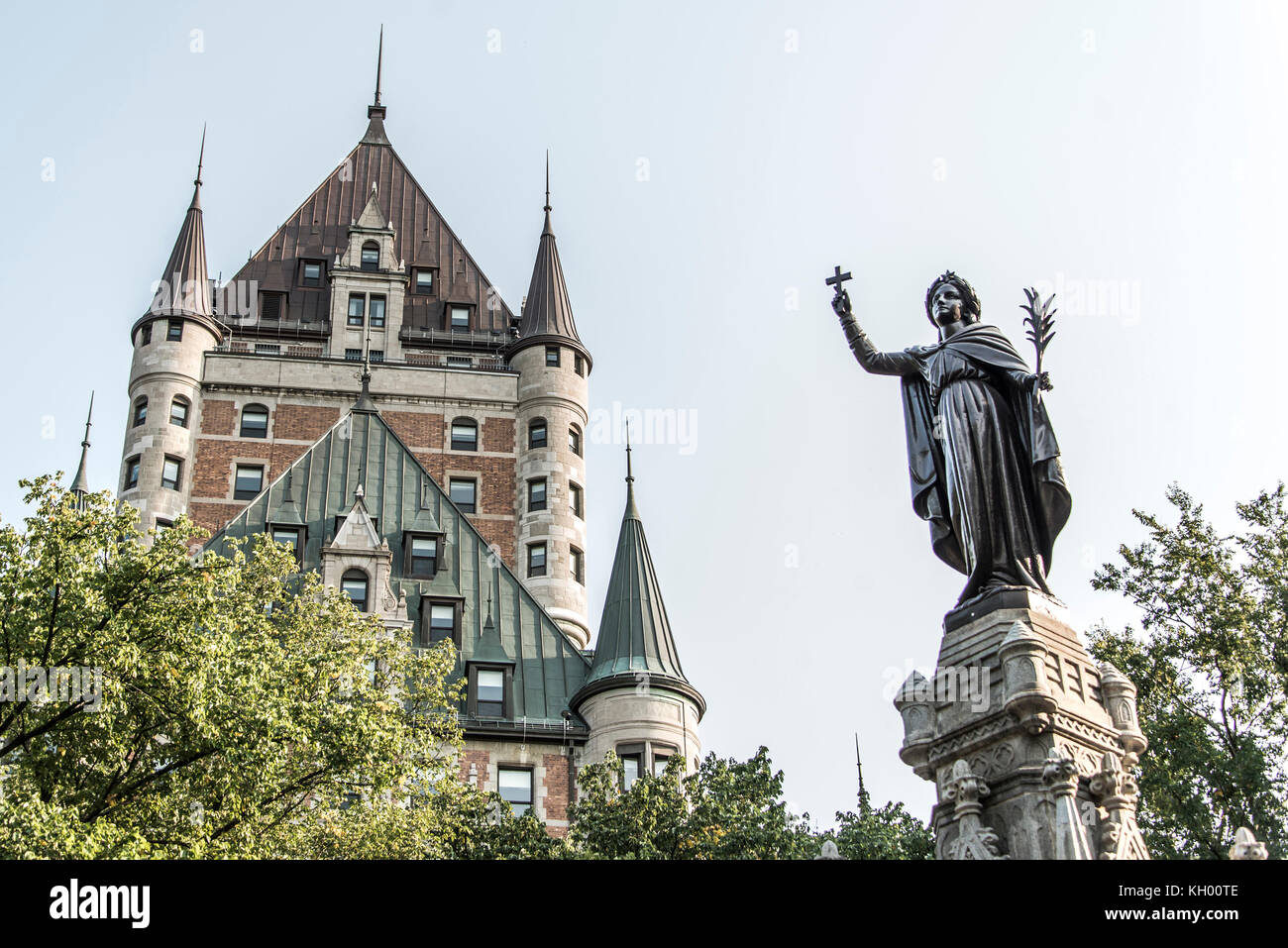 Canada Quebec City Fountain Monument of Faith woman in front of Chateau ...