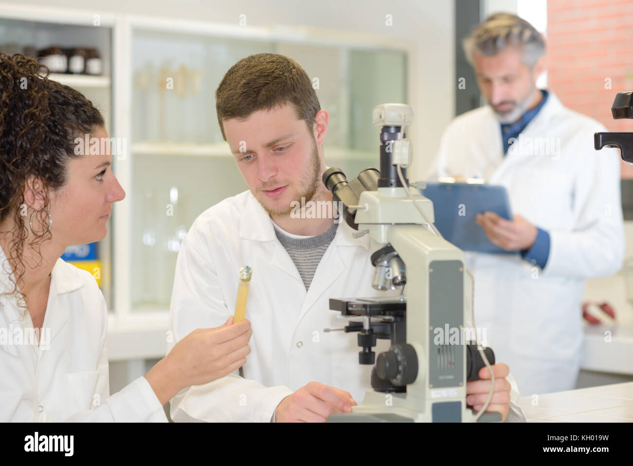 group of students looking at the test tube Stock Photo