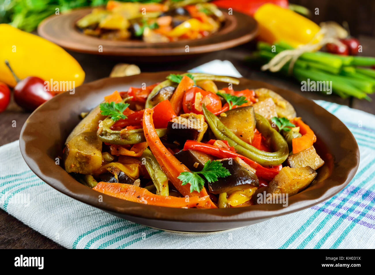 Vegetable stew (salad) bell pepper, eggplant, asparagus beans, garlic, carrot, leek. Bright