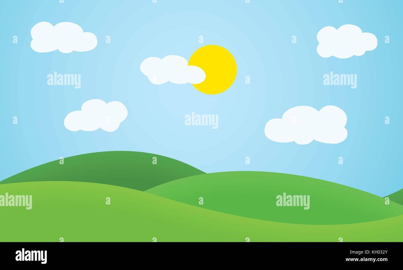 Flat Design Grass Landscape With Hills Clouds And Glowing Sun Under Blue  Sky Vector Stock Illustration - Download Image Now - iStock