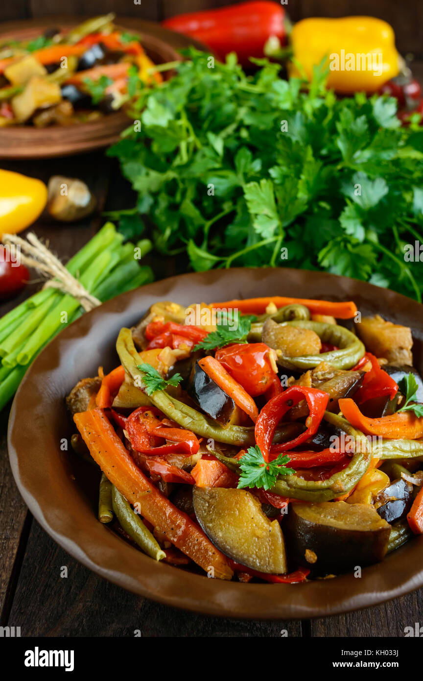 Vegetable stew (salad) bell pepper, eggplant, asparagus beans, garlic, carrot, leek. Bright