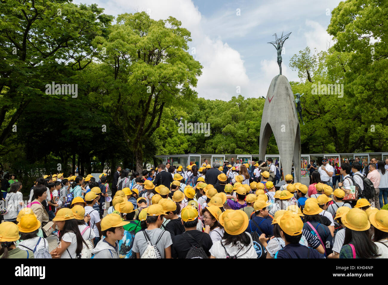 Hiroshima, Japan - May 25, 2017: Students gathering at the Children's Peace Monument in Hiroshima Peace Memorial Park in memory of atomic bombing vict Stock Photo