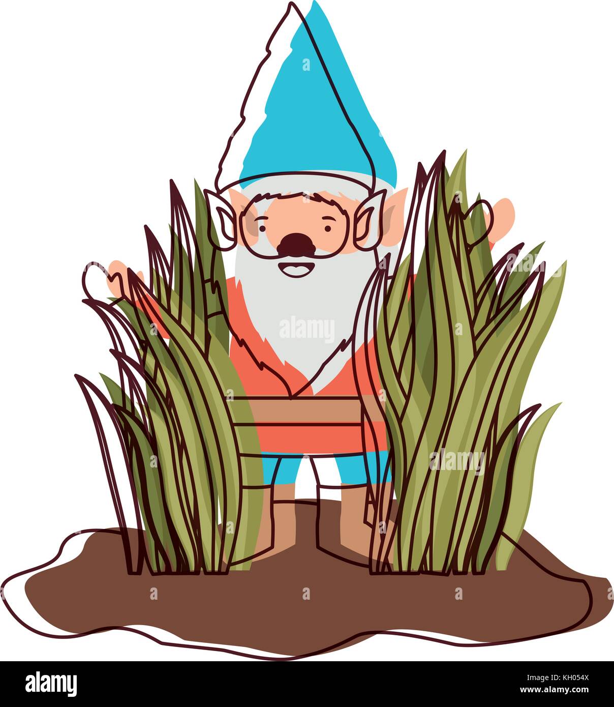 gnome coming out of the bushes in watercolor silhouette Stock Vector