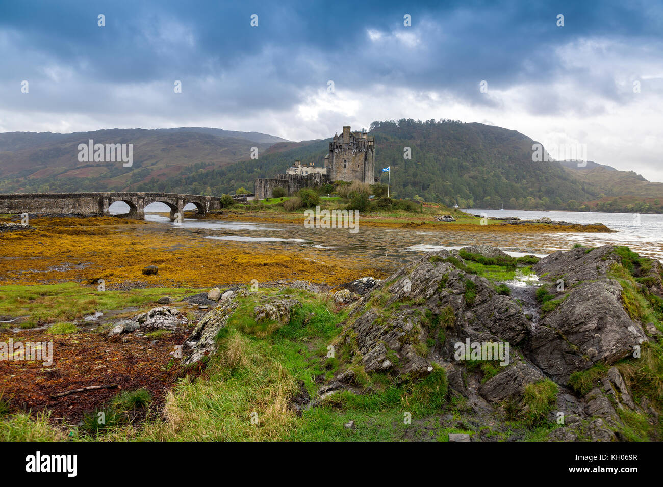 Eilean Donan is a 13th century restored castle on an island at the junction of Lochs Duich, Long and Alsh near Kyle of Lochalsh, Scotland, UK Stock Photo