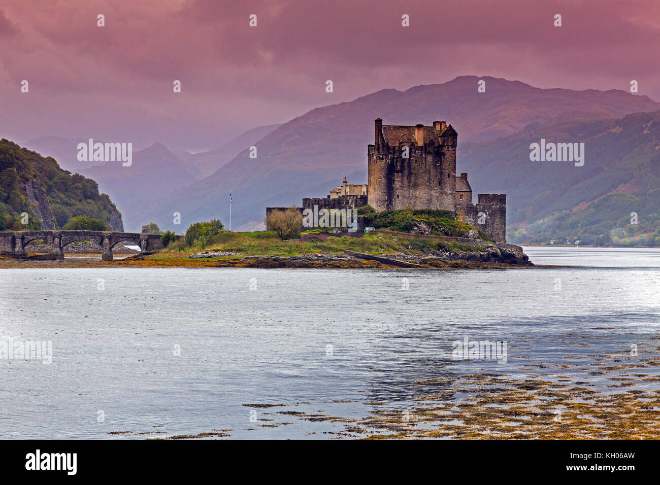 Eilean Donan is a 13th century restored castle on an island at the junction of Lochs Duich, Long and Alsh near Kyle of Lochalsh, Scotland, UK Stock Photo