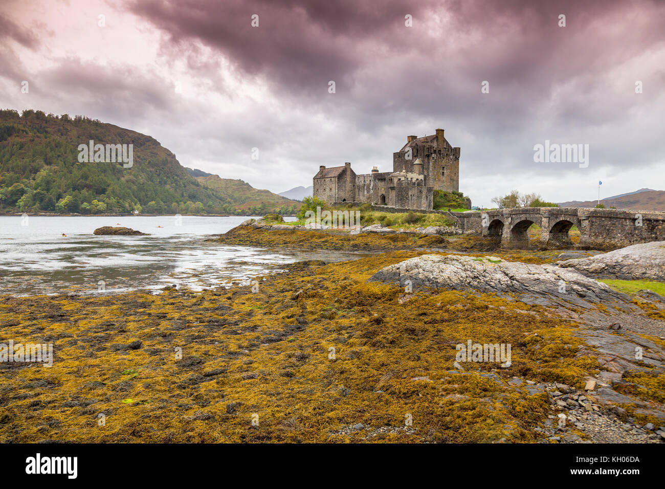 Eilean Donan is a 13th century restored castle on an island at the junction of Lochs Duich, Long and Alsh near Kyle of Lochalsh, Scotland, UK Stock Photo