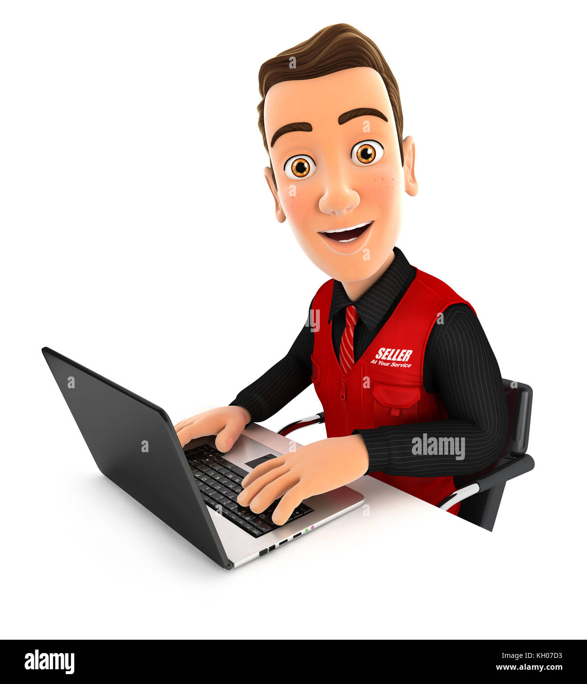 3d seller working on laptop, illustration with isolated white background Stock Photo