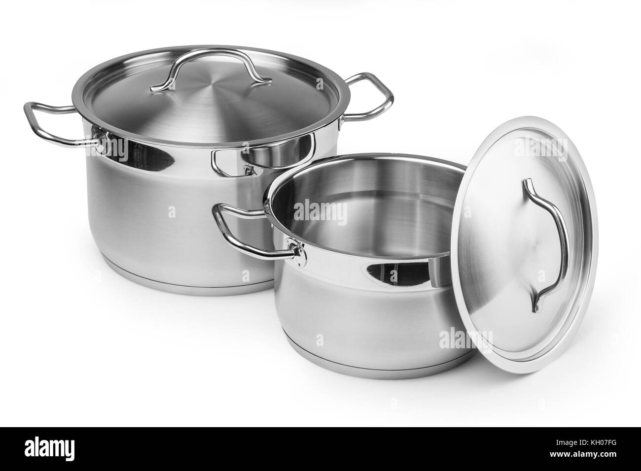 Two stainless steel pots. Isolated on white background with clipping