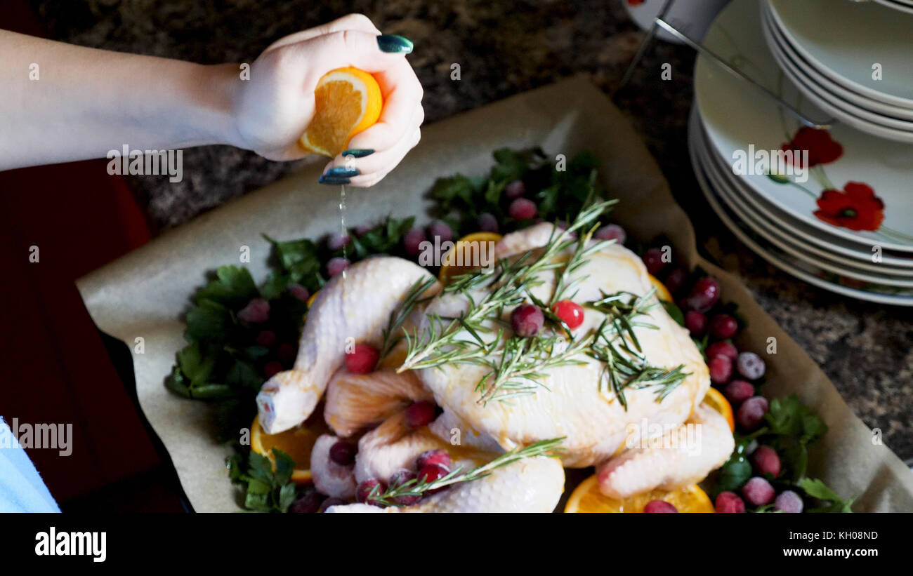 Female Hands Squashing Fresh Orange Juice Over Whole Raw Chicken in