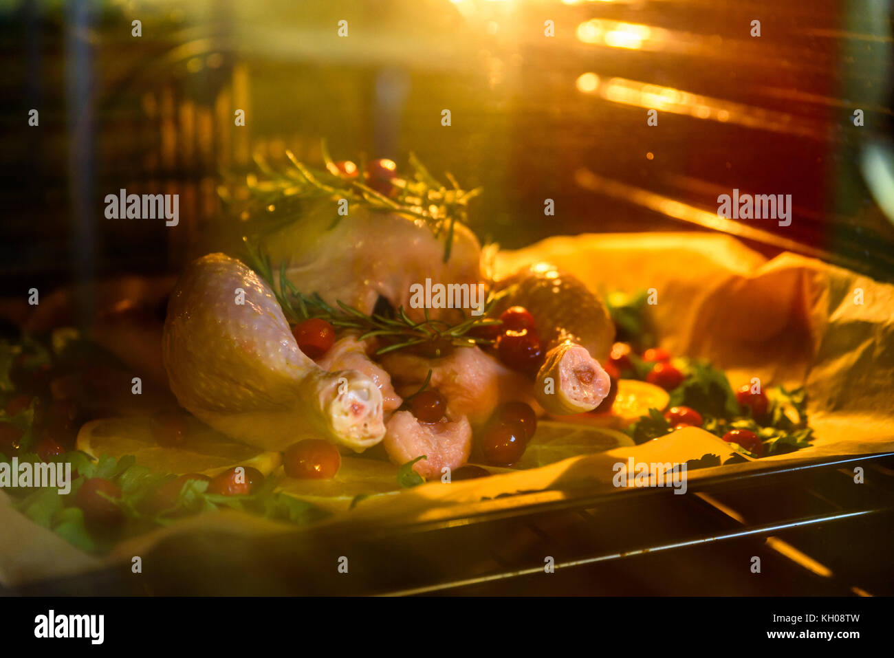 Appetizing Roast chicken turkey with Orange Slices Cranberries and