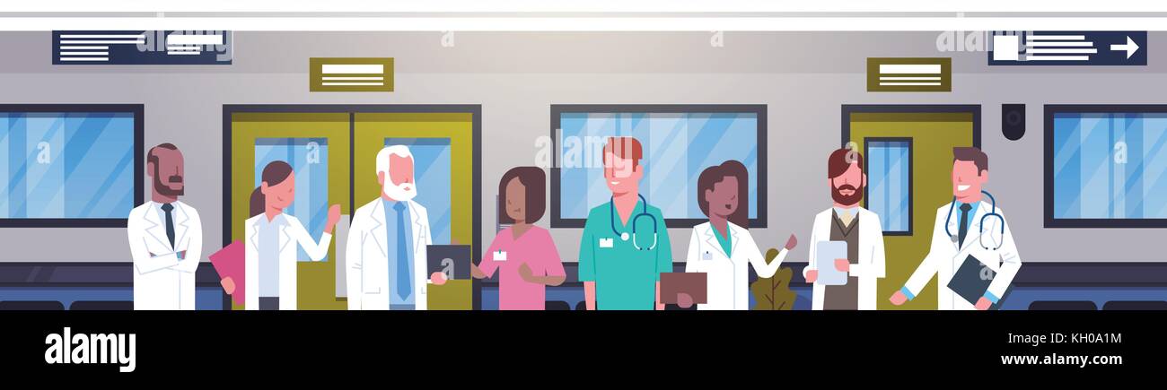 Group Of Doctors In Hospital Corridor Horizontal Banner Diverse