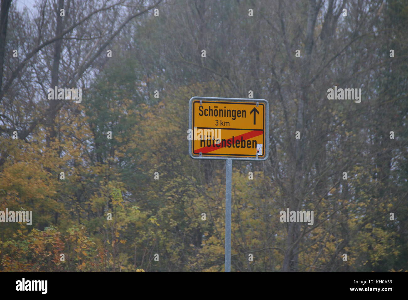 Hötensleben, Germany - November 9, 2017:  Exit sign of Hötensleben. The village is known for a Border Memorial. It show characteristic barrier system  Stock Photo