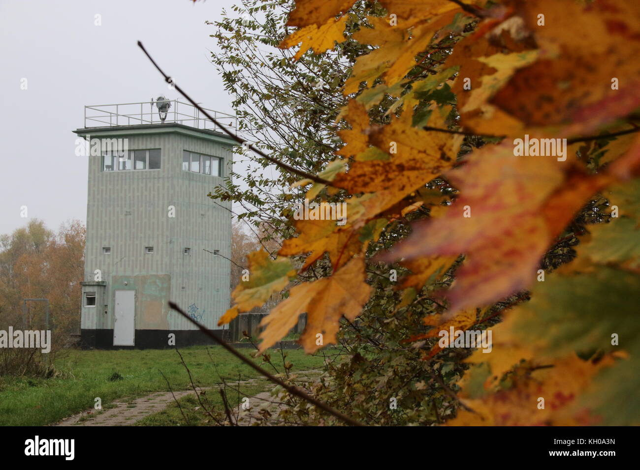 Hötensleben, Germany - November 9, 2017:  An old watchtower of the GDR border guards at the Border Memorial Hötensleben. In Germany the wall fell on 9 Stock Photo