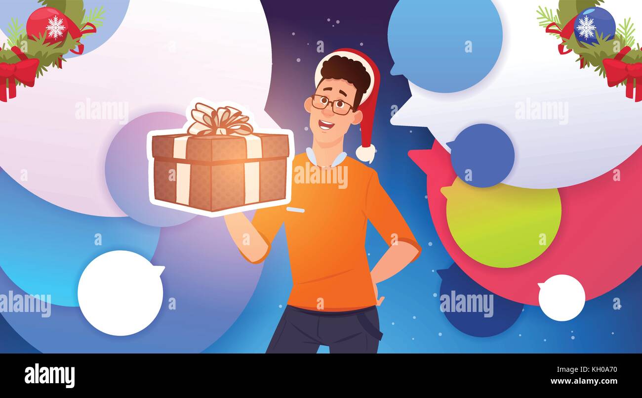 Man Hold Gift Box And Wear Santa Hats Christmas And New Year Holidays ...