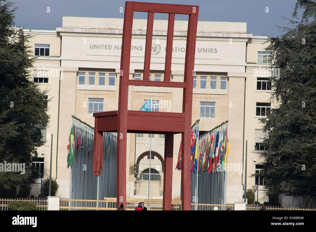 United Nations building in Geneva Switzerland Big Chair Flags Stock