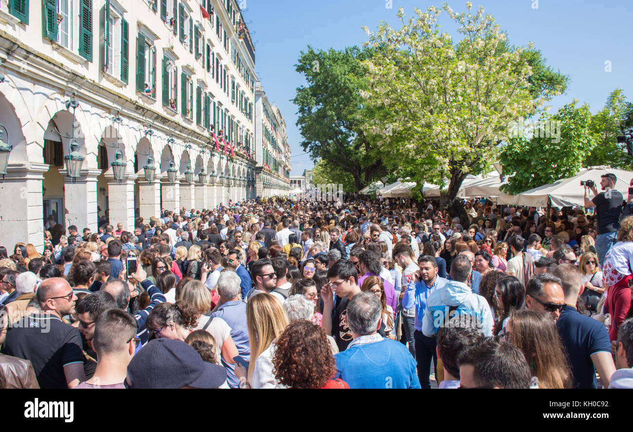 Corfu, Greece - April 15, 2017: Every Holly Saturday at 11 a.m. people in the old town of Corfu start gathering to spectate the pot throwing event tha Stock Photo