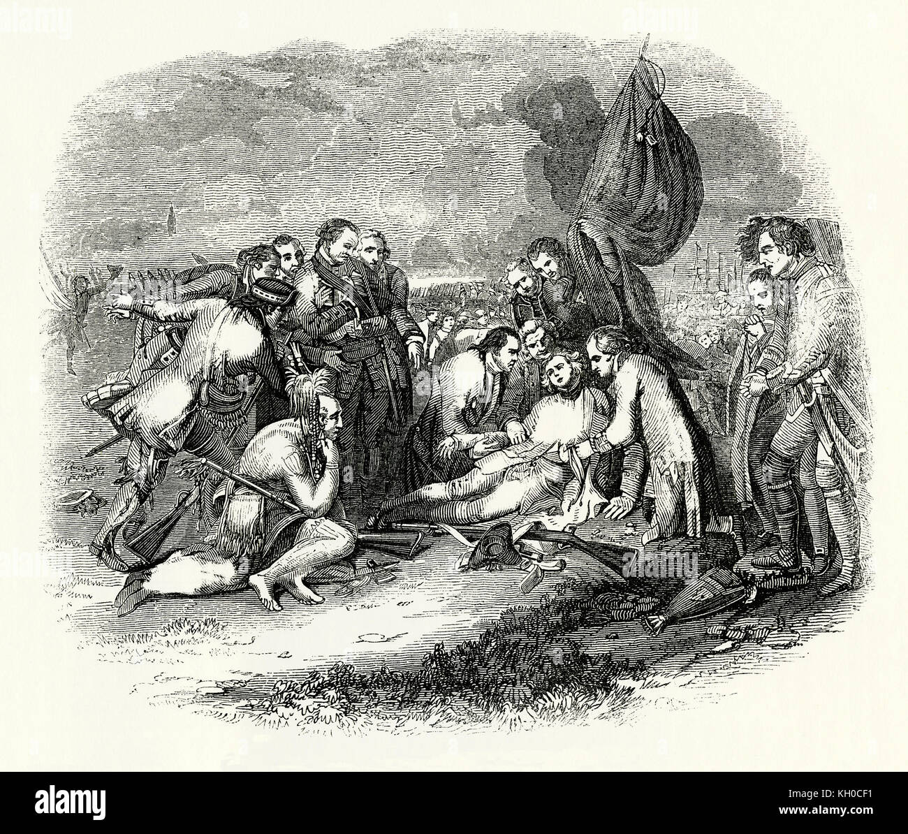 Old engraving showing the death of General James Wolfe at the 1759 Battle of Quebec during the French and Indian War - part of the Seven Years' War. It was also known as the Battle of the Plains of Abraham and took place on September 13 1759 Stock Photo