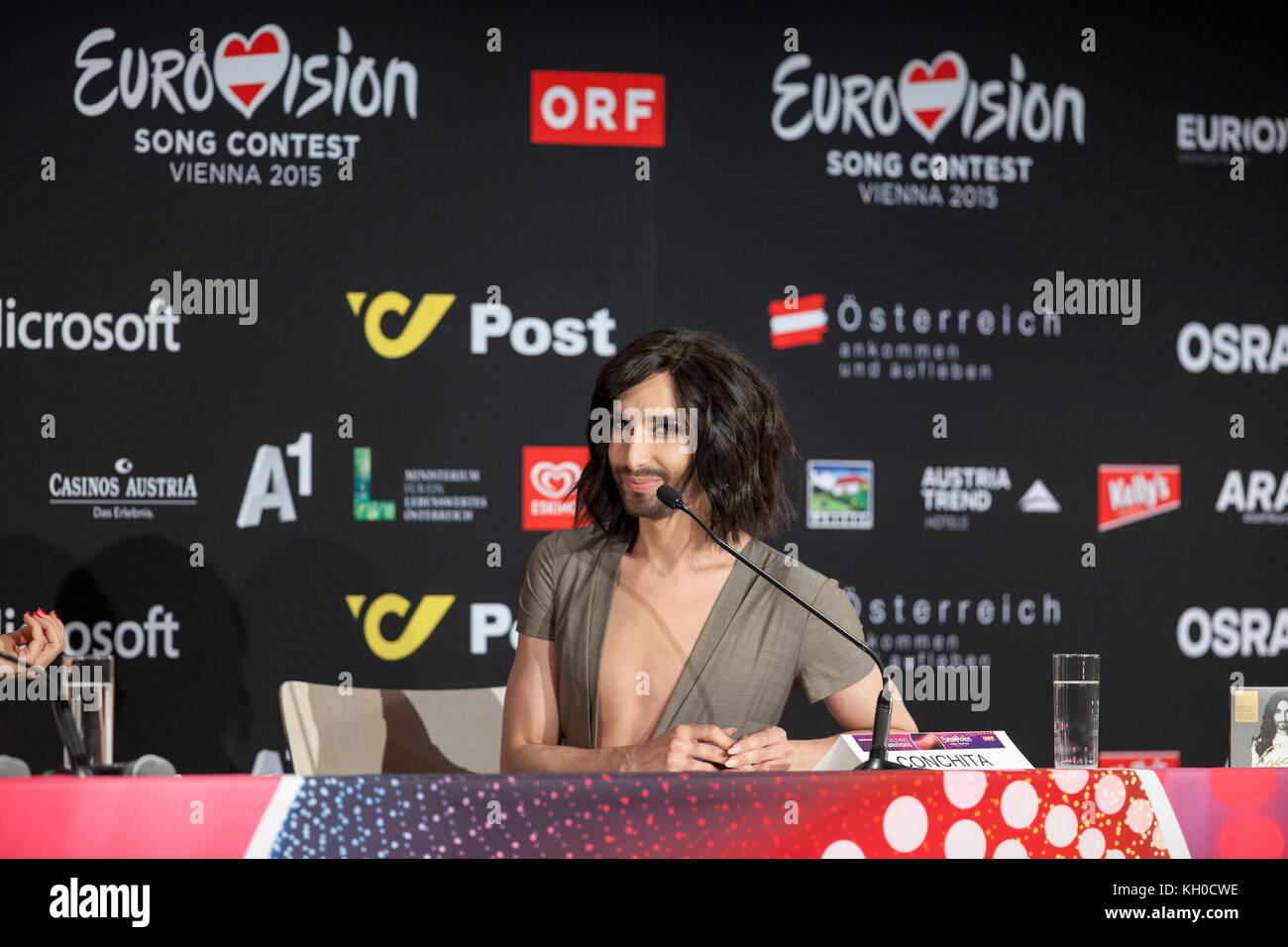The 2014 Eurovision Song Contest winner Conchita Wurst speaks at her own press conference today in the Wiener Stadthalle (Gonzales Photo/Michael Hornbogen). Stock Photo