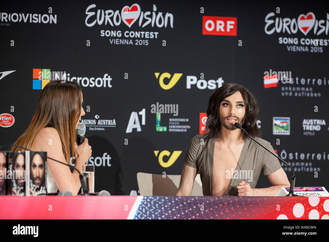 The 2014 Eurovision Song Contest winner Conchita Wurst speaks at her own press conference today in the Wiener Stadthalle (Gonzales Photo/Michael Hornbogen). Stock Photo