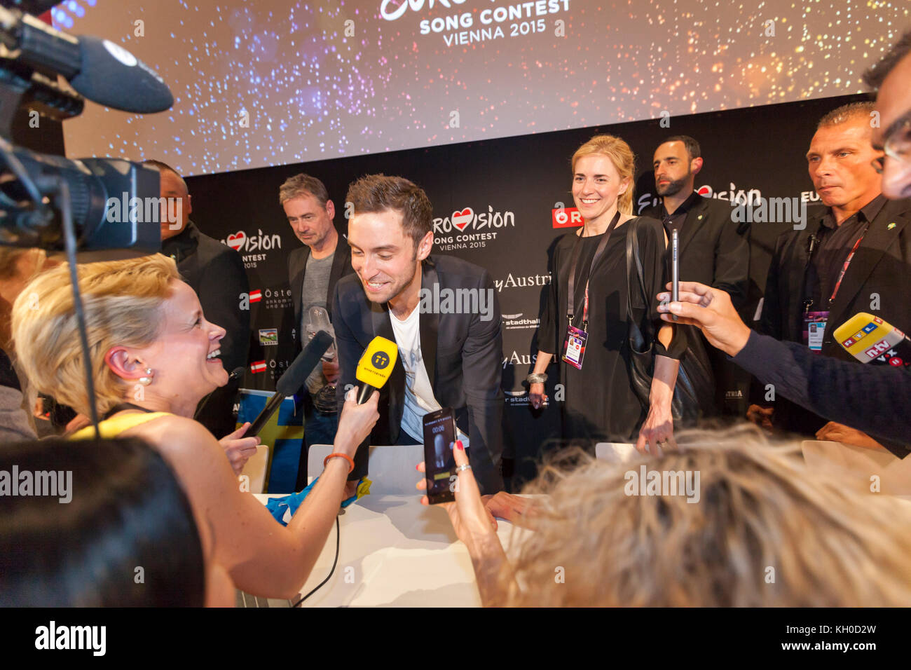 Eurovision Song Contest winner Måns Zelmerlöw, from Sweden, gives a press conference after the Grand Final of the 60th edition of Eurovision Song Contest, 2015 in Vienna. Stock Photo