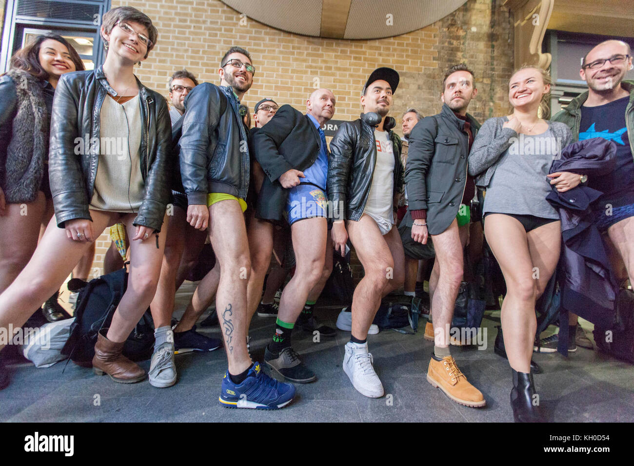 No Trousers Day” participants line up for a group photo at the annual “No  Pants Subway Ride” in the London Underground Stock Photo - Alamy