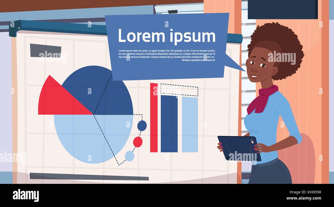 African American Businesswoman Holding Presentation Stand Over Board ...