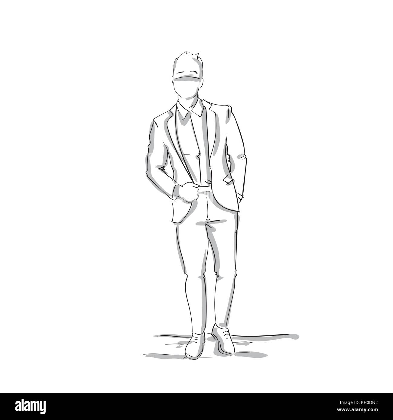 Sketch Silhouette Of Confedent Business Man In Suit, Businessman Full Length On White Background