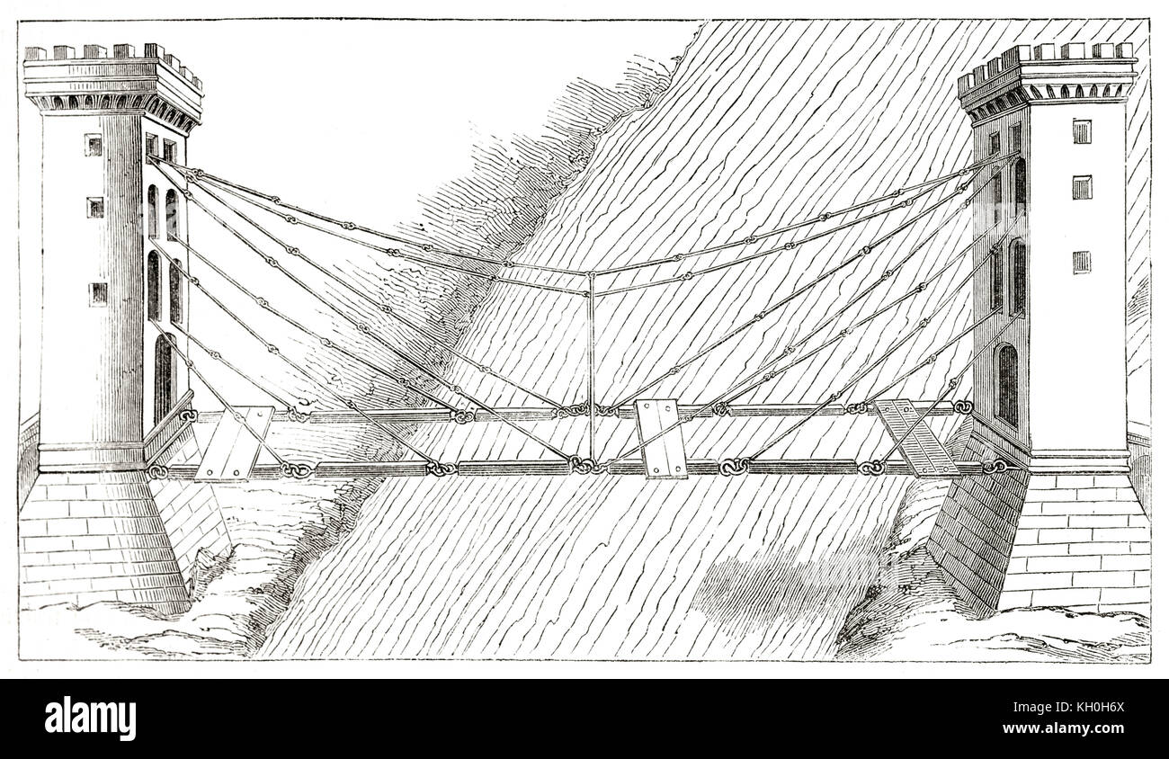 Old illustration of iron chain suspension bridge. After Wranczi, publ. on Magasin Pittoresque, Paris, 1847 Stock Photo