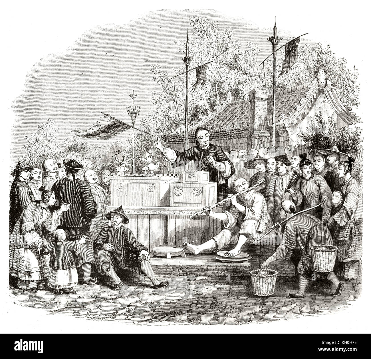Old illustration of Chinese puppets itinerant theater. By Freeman, publ. on Magasin Pittoresque, Paris, 1847 Stock Photo