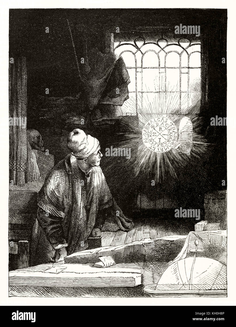 Old engraved reproduction of an etching by Rembrandt depicting Doctor Faustus. By Marvy and Gouchar, publ. on Magasin Pittoresque, Paris, 1847 Stock Photo
