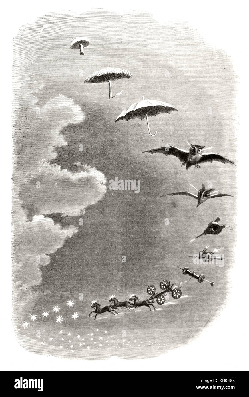 Old illustration of a dream of J.J. Grandeville: Walk in the Sky. Publ. on Magasin Pittoresque, Paris, 1847 Stock Photo