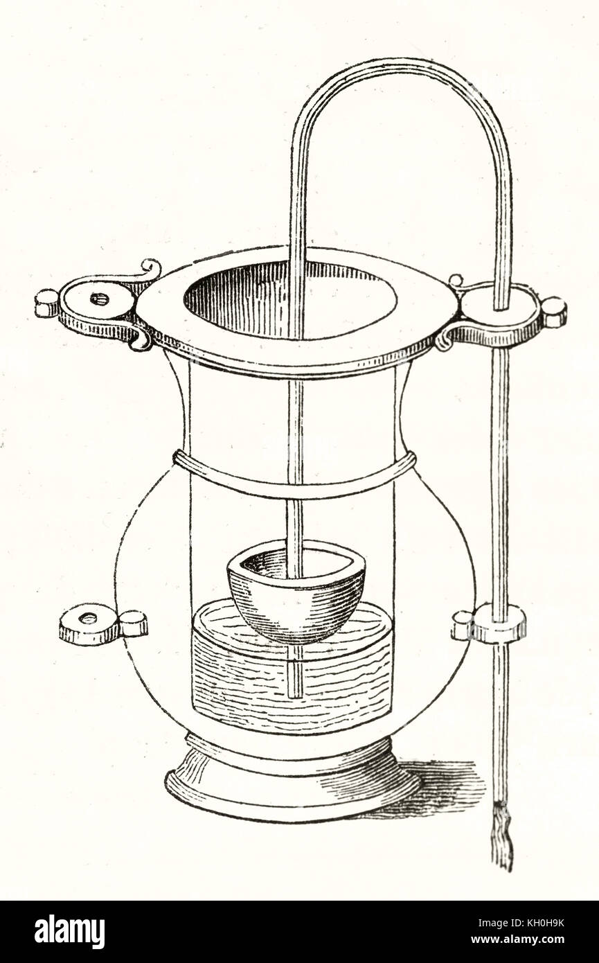 Old illustration of floating siphon by Hero of Alexandria. Publ. on Magasin Pittoresque, Paris, 1847 Stock Photo