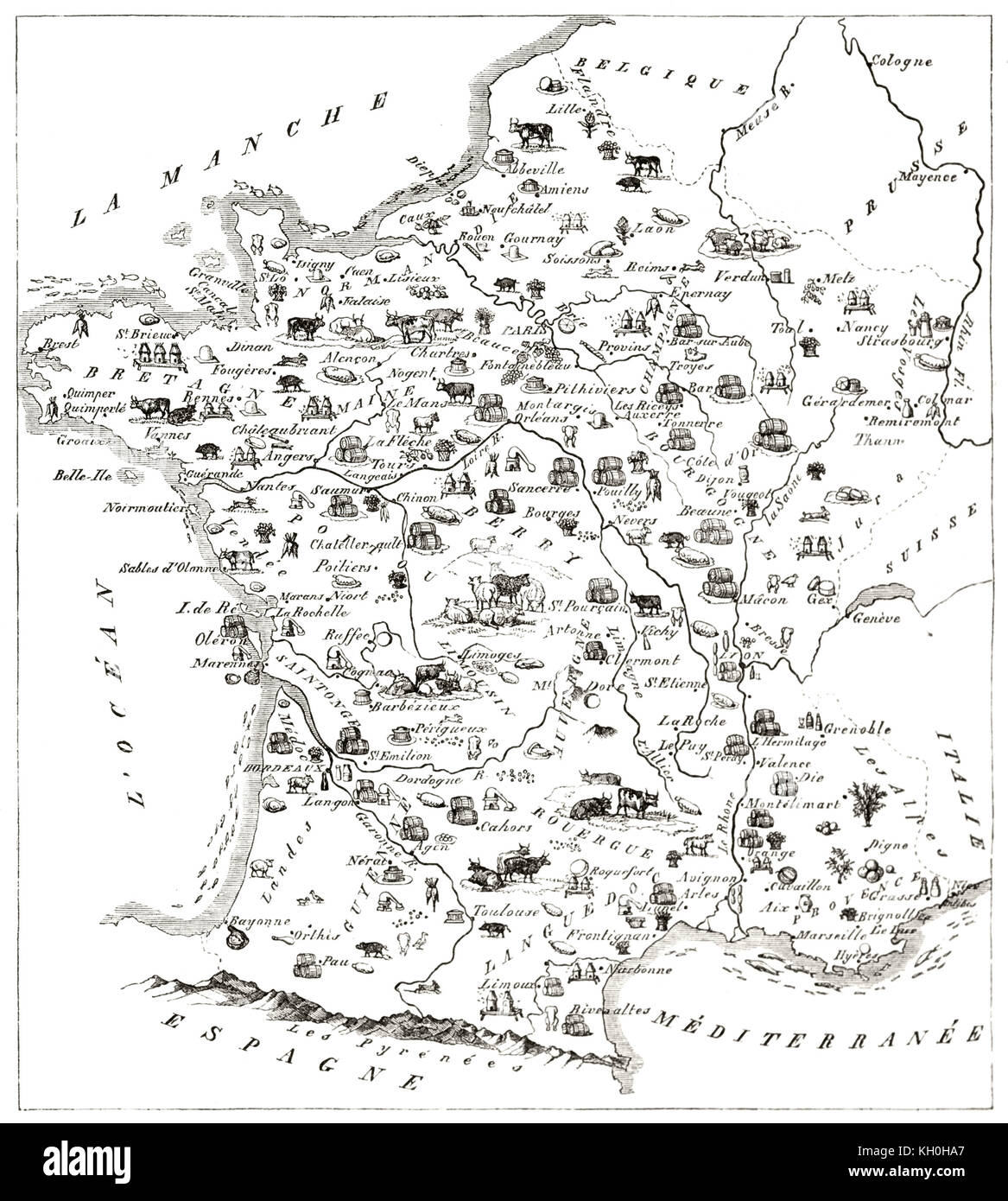 France old gastonomic map. By MacCarthy, Freeman and Sotain, publ. on Magasin Pittoresque, Paris, 1847 Stock Photo