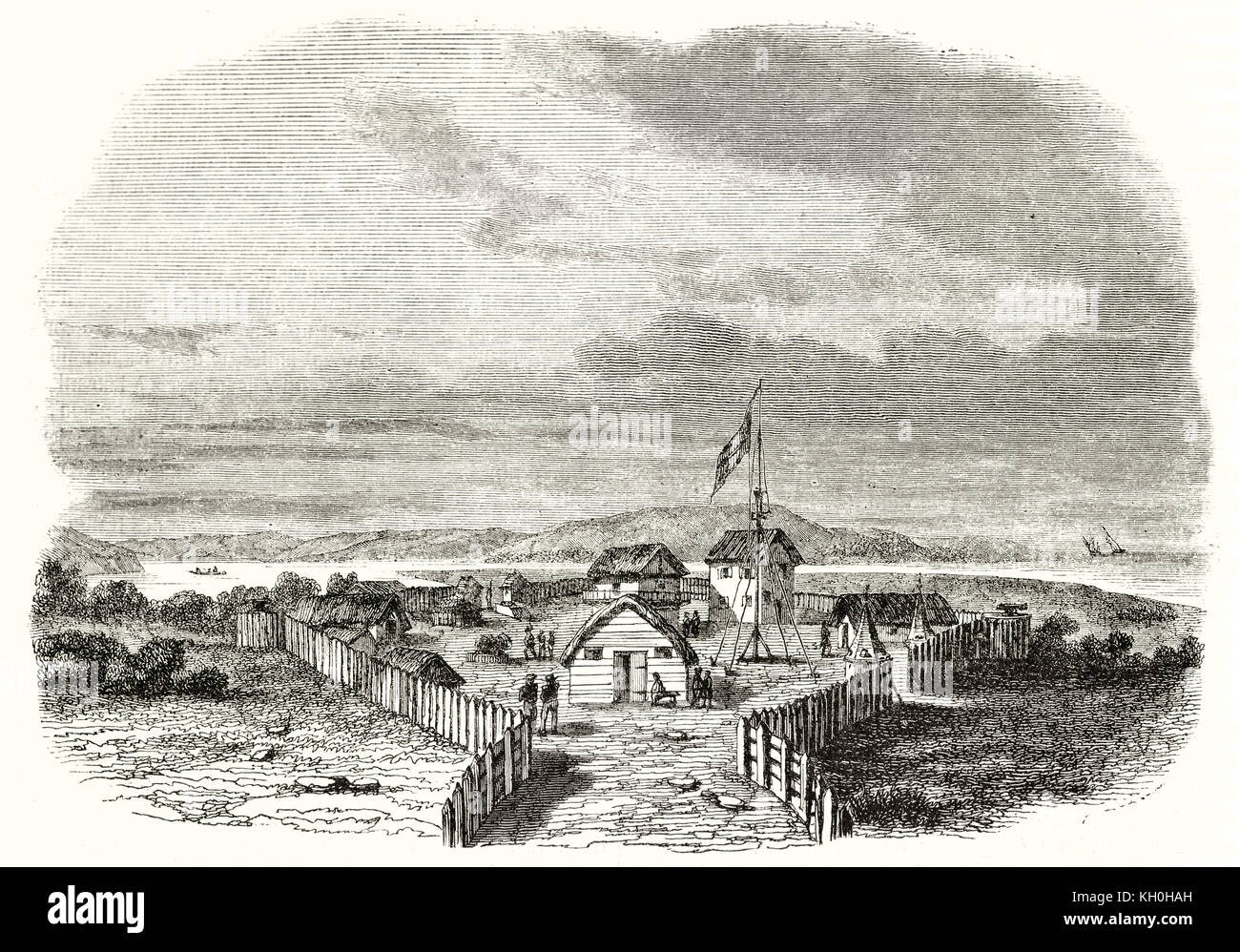 Old view of French colonial settlement in Grand-Bassam, Ivory Coast. By Nouveaux, publ. on Magasin Pittoresque, Paris, 1847 Stock Photo