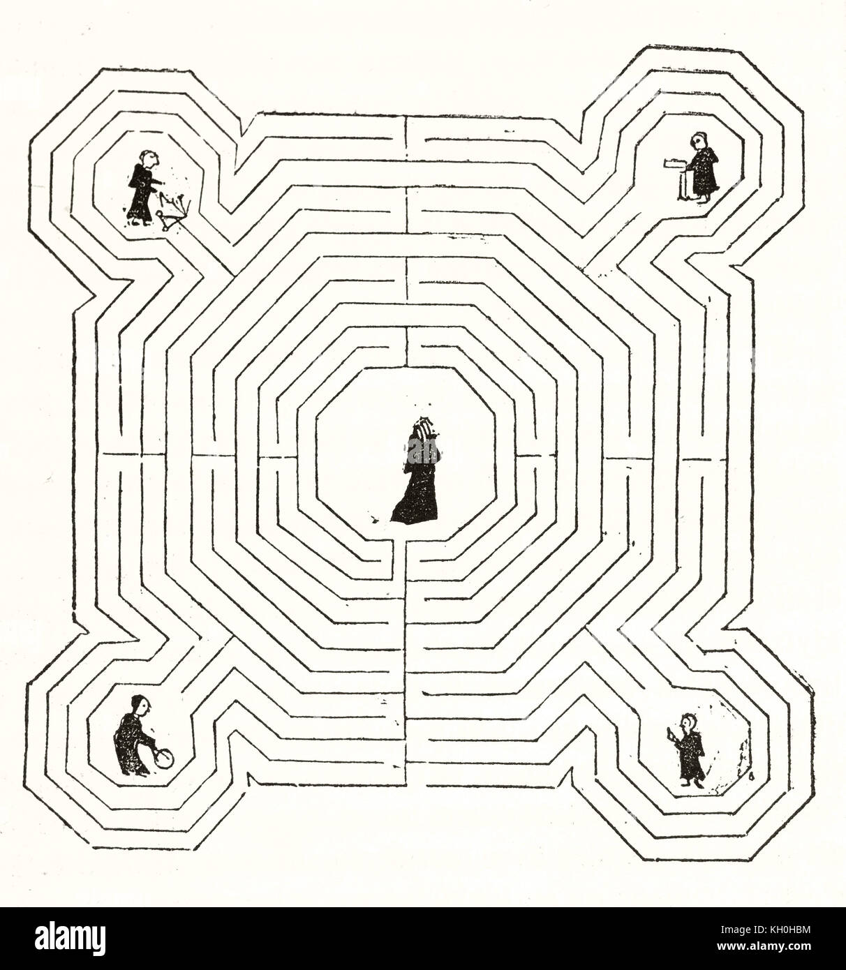 Old illustration of the labyrinth installed on the floor of the Reims cathedral. By unidentified author, publ. on Magasin Pittoresque, Paris, 1847 Stock Photo