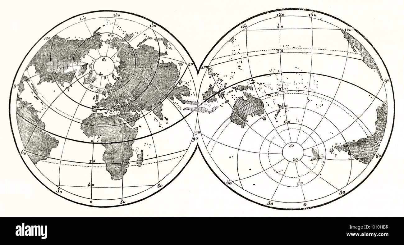 Old planisphere showing the different extension of lands and water on Earth surface. By unidentified author, publ. on Magasin Pittoresque, Paris, 1847 Stock Photo