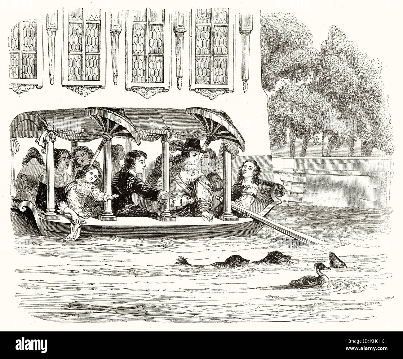 Old illustration depicting Louis XIV as a child having fun on a boat. By unidentified author, publ. on Magasin Pittoresque, Paris, 1847 Stock Photo