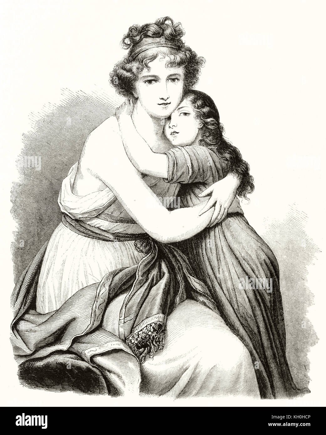 Old engraved portrait of Elisabeth Vigee Lebrun (French painter 1755 - 1842) and his daughter. By Koerner and Lavielle, publ. on Magasin Pittoresque,  Stock Photo