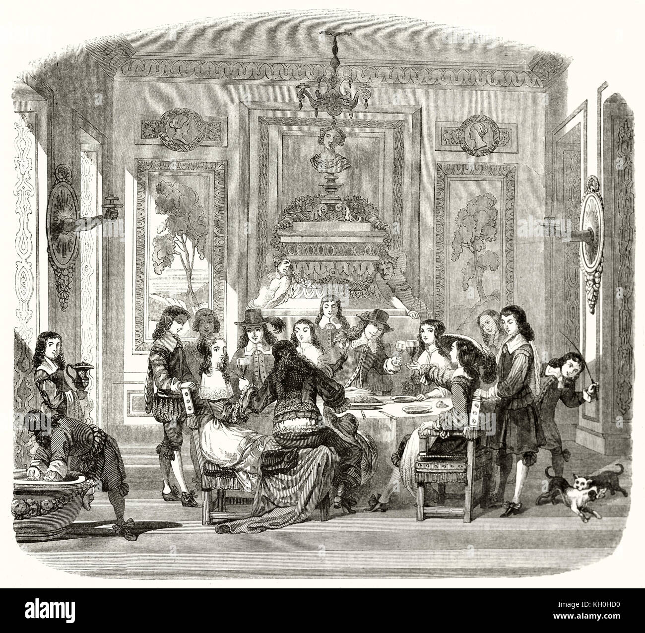 Old illustration depicting people having a meal; France under Louis XIV rule. After Lepautre, publ. on Magasin Pittoresque, Paris, 1847 Stock Photo