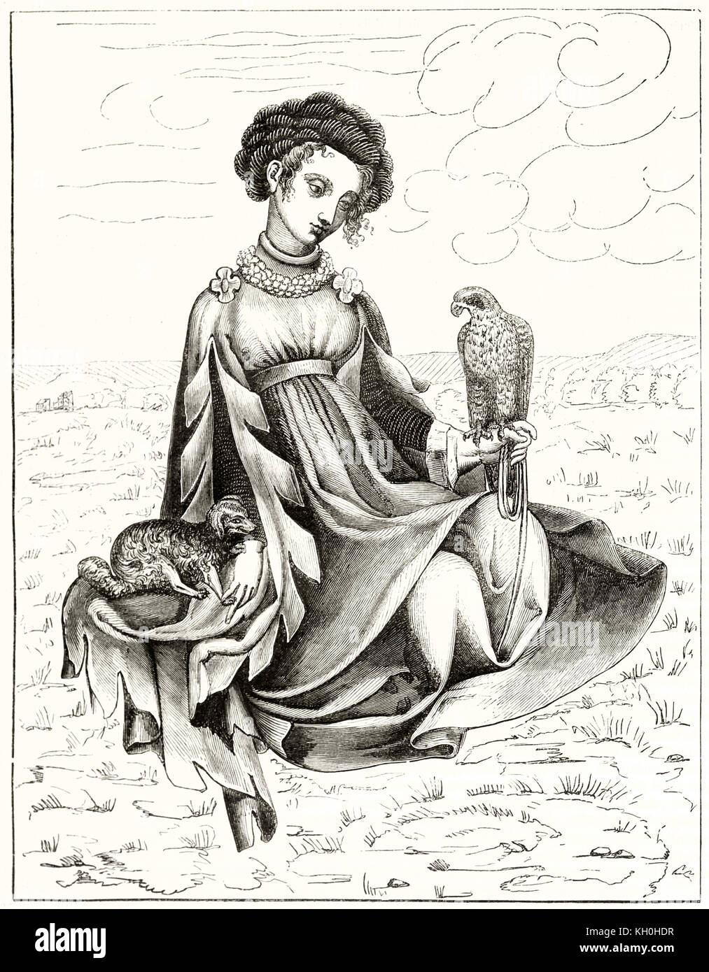 Old illustration depicting young noblewoman in Charles VI age. After Willemin, publ. on Magasin Pittoresque, Paris, 1847 Stock Photo