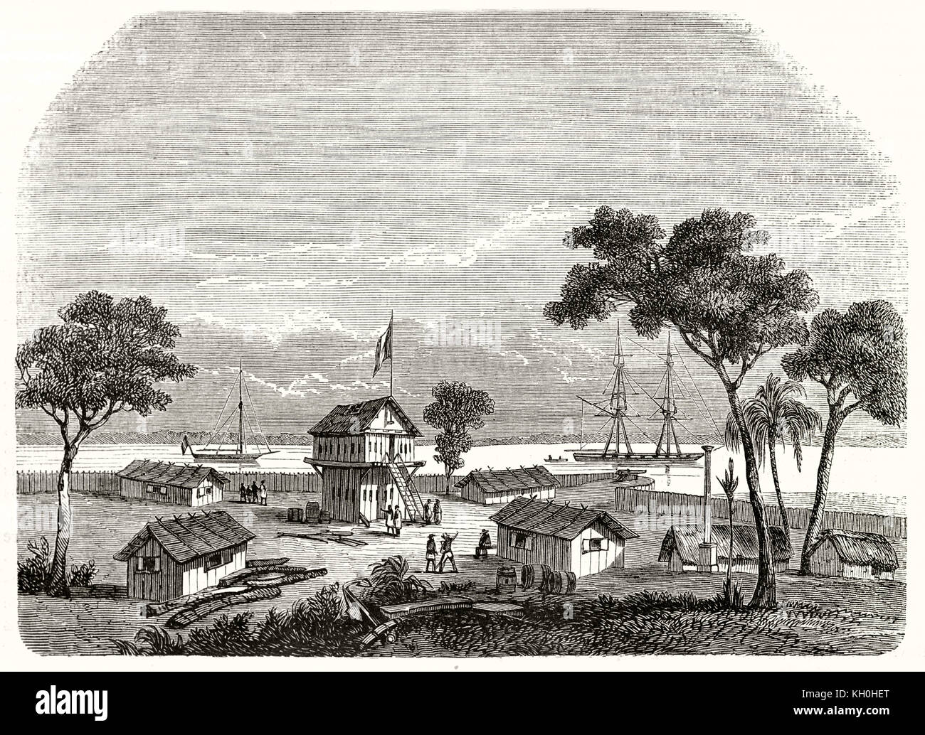 Old view of Gabonese post office in the Atlantic coast. By unidentified author, publ. on Magasin Pittoresque, Paris, 1847 Stock Photo