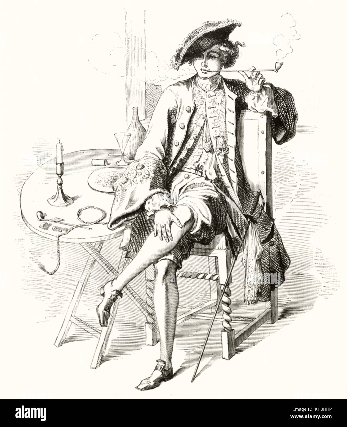 Reproduction of a 17th century print depicting a smoking man. By unidentified author, publ. on Magasin Pittoresque, Paris, 1847 Stock Photo