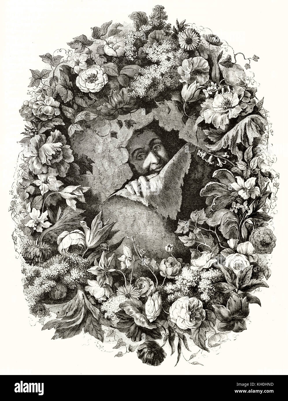 Reproduction of Nicolas Van der Brach self-portrait (flowers painter). Publ. on Magasin Pittoresque, Paris, 1847 Stock Photo