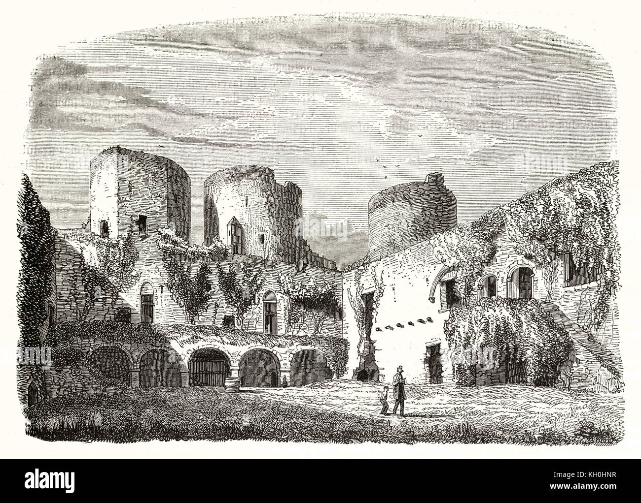 Old view of Chateau de Villandraut ruins. By unidentified author, publ. on Magasin Pittoresque, Paris, 1847 Stock Photo