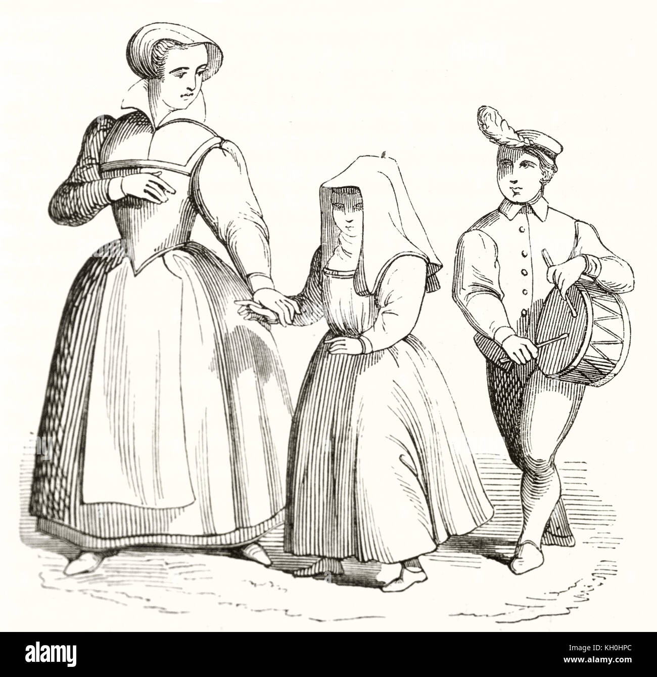 Old illustration of woman and children. By unidentified author, publ. on Magasin Pittoresque, Paris, 1847 Stock Photo