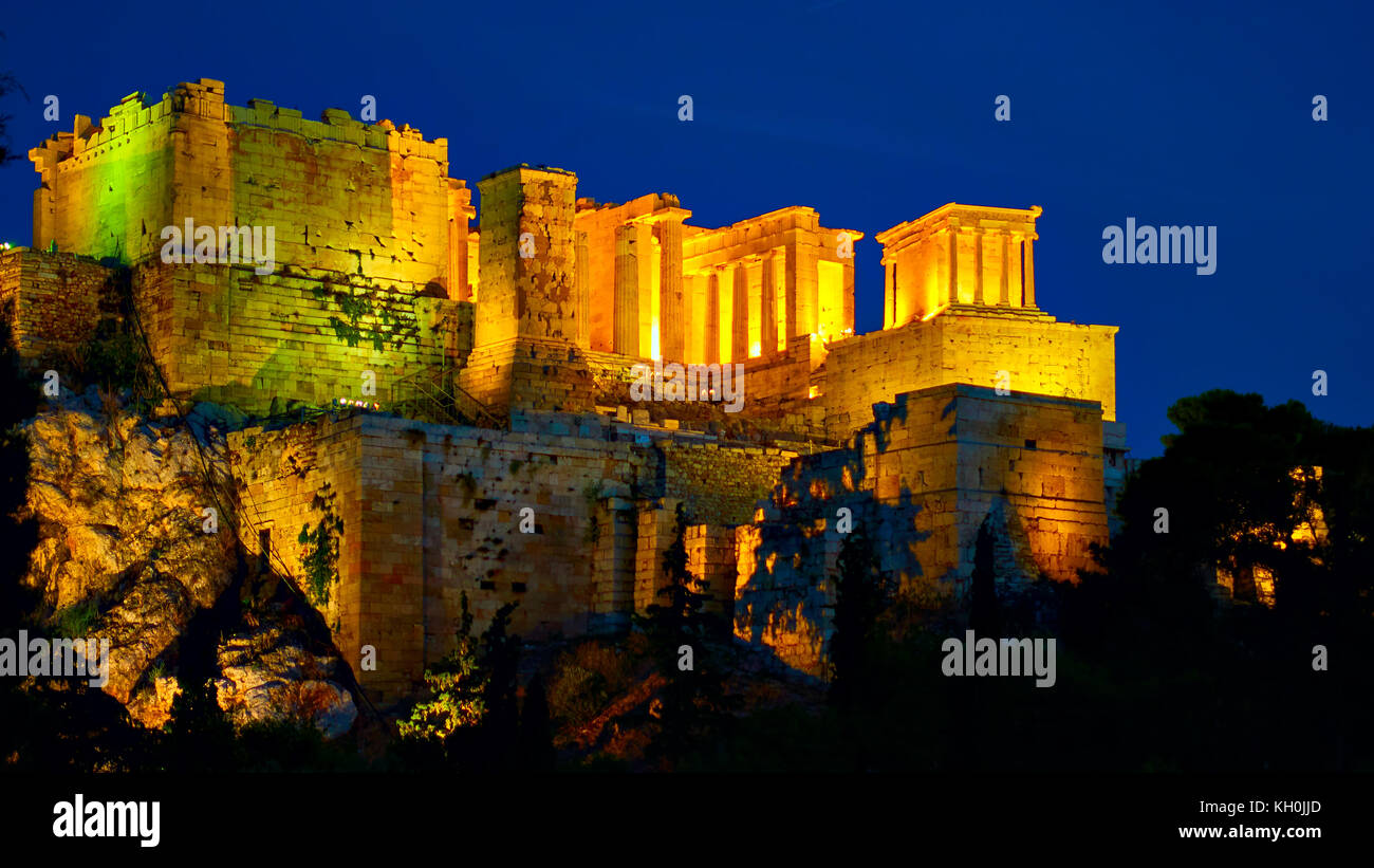 The Acropolis in Athens with lighting at night, Greece Stock Photo