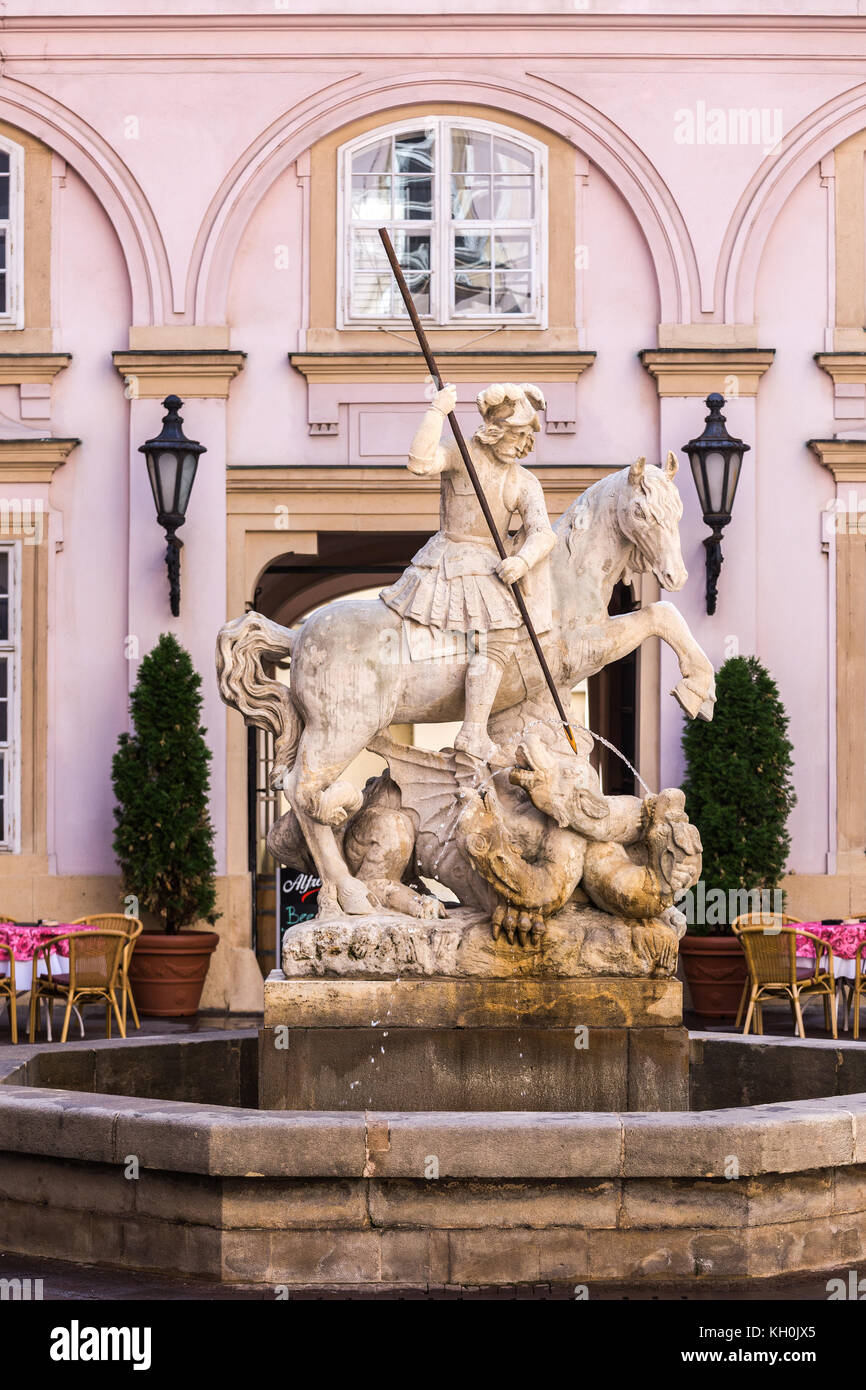 Bratislava, Slovakia. 04 AUGUST 2015.  St George Slays the Dragon, statue at courtyard at Primate's Palace, Bratislava, Slovakia Stock Photo