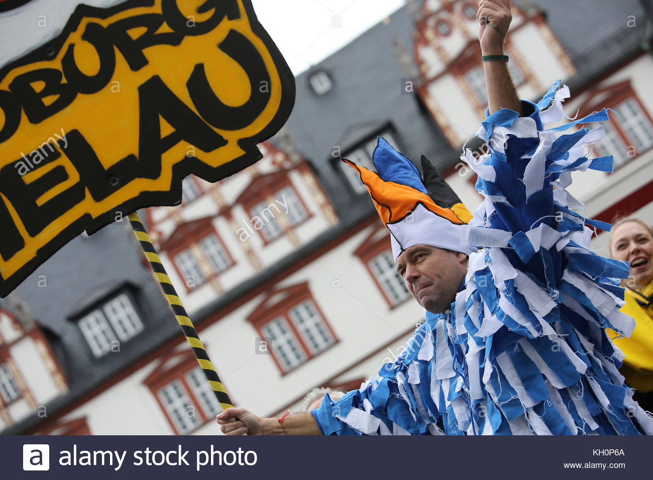 Coburg, Germany. 11th Nov, 2017. The jester at the ceremony to officially open Carnival season plays to the crowd in Coburg, Germany.The eleventh hour of the eleventh day of the eleventh month is the official opening time of Carnival in Germany, an age old custom that reaches its climax in February. Credit: reallifephotos/Alamy Live News Stock Photo