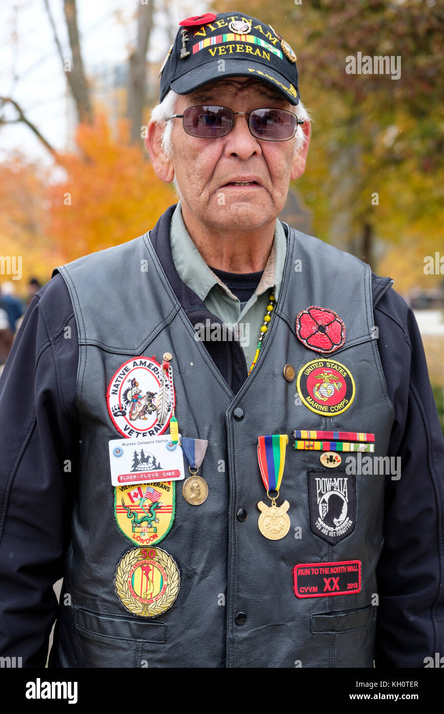 Native American military/First Nations elder Vietnam War veteran portrait, Remembrance Day, London, Ontario, Canada Stock Photo