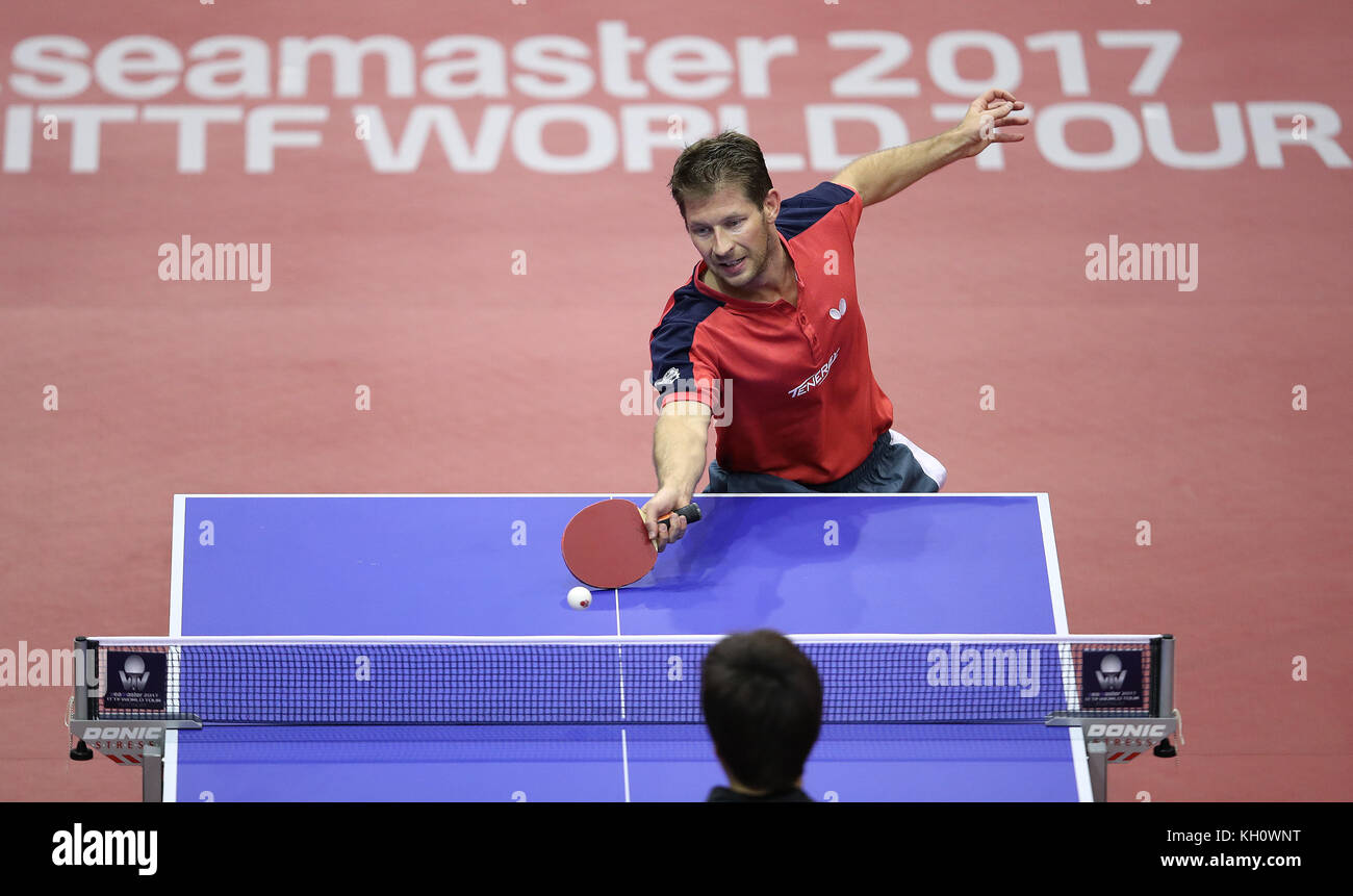 Bastian Steger of Germany in action during a men's single Euro Table Tennis  championship match against Constantin Cioti of Romania, in Herning,  Denmark, Friday Oct. 19. 2012. (AP Photo/Polfoto, Jens Dresling) DENMARK